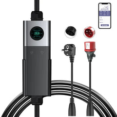 Coolladen Mobile Wallbox WiFi Com APP, Carregamento Até 11kW, Carregador de VE Tipo 2, Cabo de 5M, Ecrã Touchscreen, Tamanho de Corrente Ajustável Com Schuko 16A/CEE 16A Vermelho