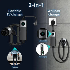 Coolladen Mobile Wallbox WiFi Com APP, Carregamento Até 11kW, Carregador de VE Tipo 2, Cabo de 5M, Ecrã Touchscreen, Tamanho de Corrente Ajustável Com Schuko 16A/CEE 16A Vermelho
