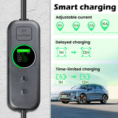 Coolladen 3.5kW Carregador VE Portátil | 16A Schuko para Tipo 2 Wallbox Móvel | Corrente Ajustável | Carregamento Temporizado de Precisão 1-12H e Atraso