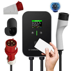 Estação de carregamento residencial tipo 2 de 22 kW ou 11 kW, caixa de parede, cabo de carregamento de 5 m com suporte de carregador, ficha trifásica CEE para todos os VE e PHEV