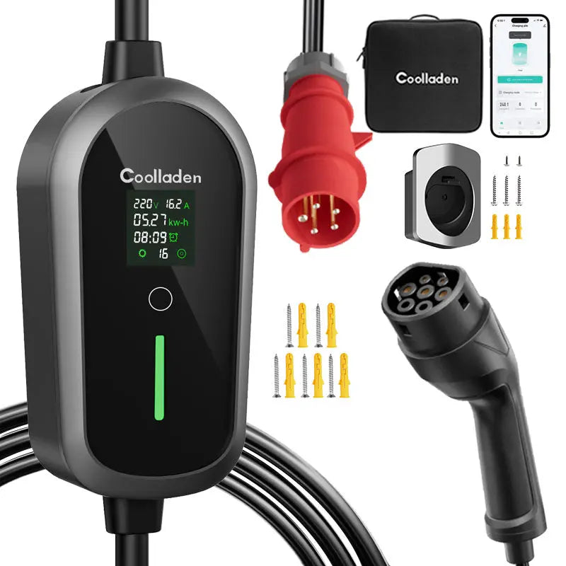 Coolladen Mobile Wallbox 11kW com cabo de carregamento tipo 2 CEE e APP Wi-Fi & Bluetooth [3-phase|4m/6m/11m|6-16A] com potência de carregamento ajustável, carregador EV para ID.3/4/5, e-up, e-tron, Zoe e outros EV