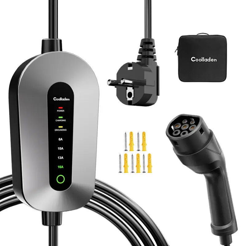 Cabo de carregamento Coolladen Tipo 2 Schuko 3,68 kW [monofásico, 4-11 m, 6-16 A], com ficha Schuko de 2 pinos, carregador portátil para veículos elétricos e PHEVs