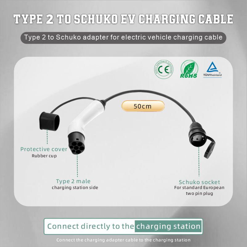 Adaptador tipo 2 para ficha carregador de isqueiro elétrico Schuko, 16 A, 0,5/4 m. Carregamento fácil em estações de carregamento/caixas de parede, utilização de carregadores de 230 V para e-bike, e-scooter, moto, IP55