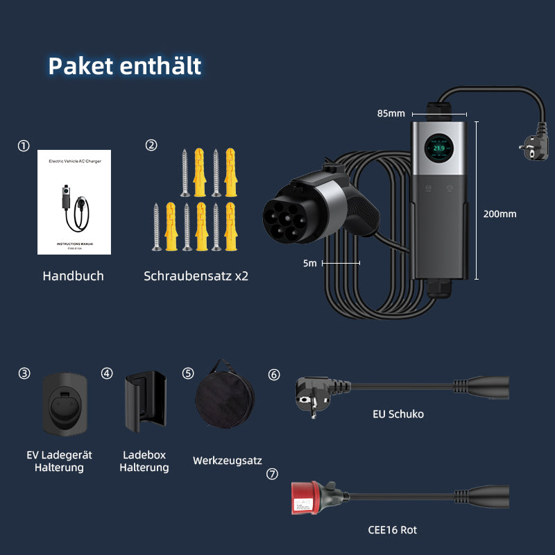 Coolladen Coolladen Mobile Wallbox WiFi com APP, carregamento até 11kW, carregador EV tipo 2, cabo de 5M, ecrã táctil, tamanho de corrente ajustável com Schuko 16A/CEE 16A vermelho