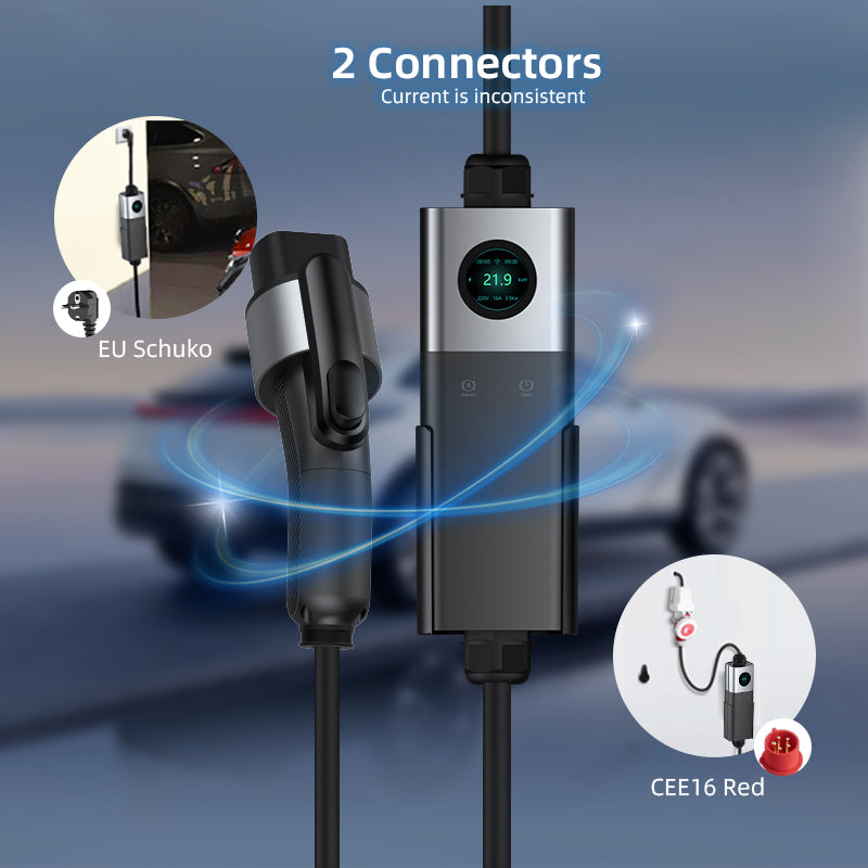 Coolladen Coolladen Mobile Wallbox WiFi com APP, carregamento até 11kW, carregador EV tipo 2, cabo de 5M, ecrã táctil, tamanho de corrente ajustável com Schuko 16A/CEE 16A vermelho