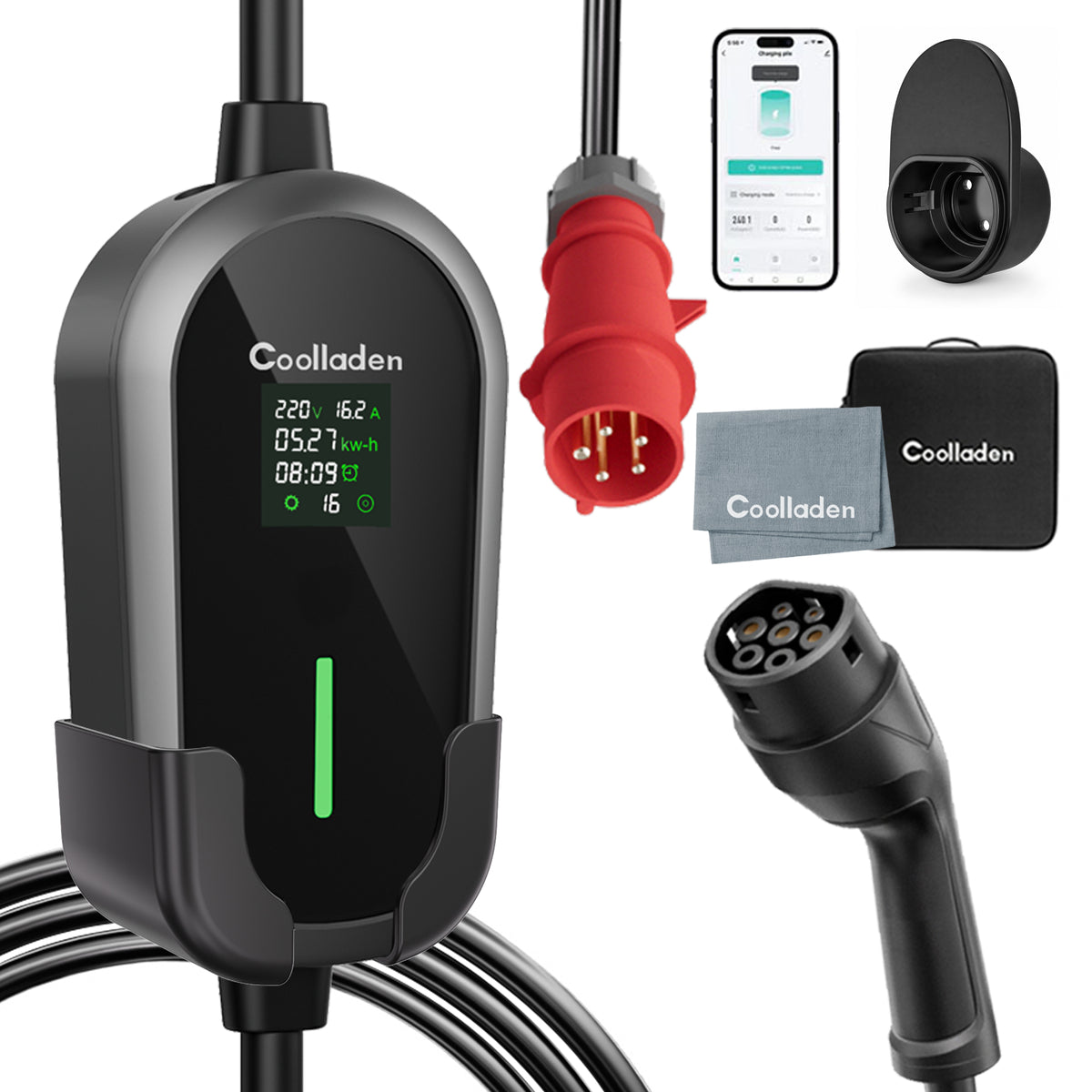 Coolladen Cabo de Carregamento EV Portátil 11kW Tipo 2 (16A 3 fases) com Controlo por App – Carregamento Programado, Corrente Ajustável, RCD Tipo B, Suporte de Parede e Bolsa de Transporte Incluídos