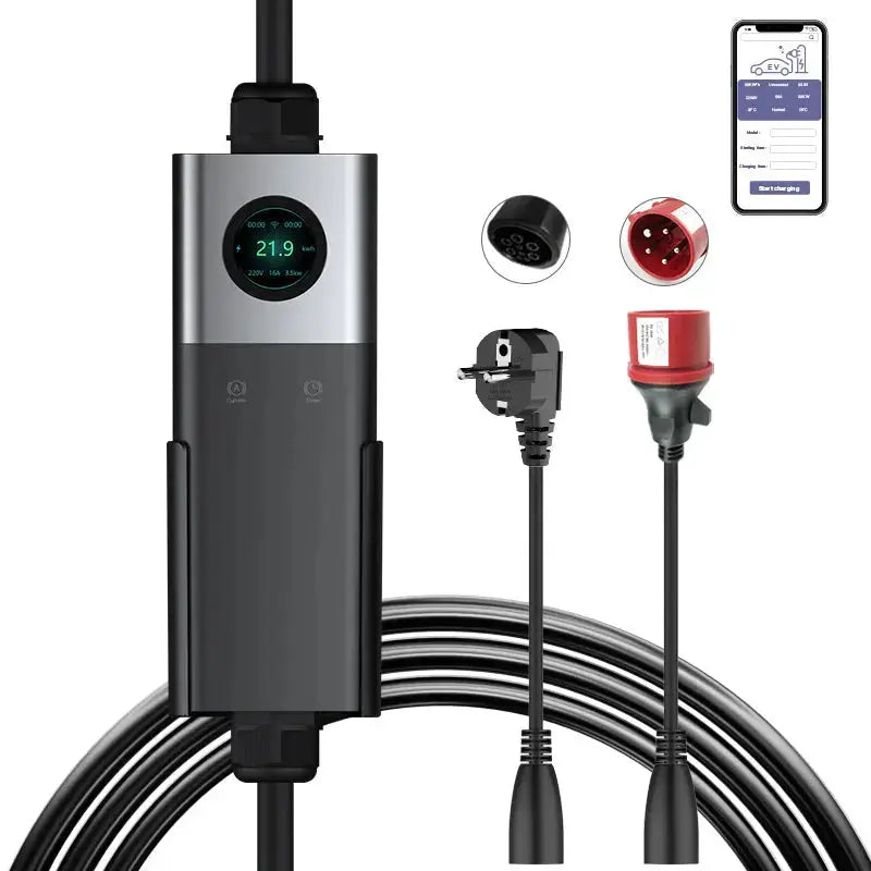 Coolladen Mobile Wallbox WiFi com APP, carregamento até 22kW, carregador de VE tipo 2, cabo de 5M, display touchscreen, tamanho de corrente ajustável com Schuko 16A/CEE 32A Vermelho/CEE 16A Vermelho/CEE 32A Azul