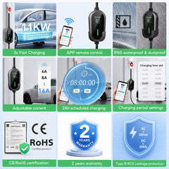Coolladen Cabo de Carregamento EV Portátil 11kW Tipo 2 (16A 3 fases) com Controlo por App – Carregamento Programado, Corrente Ajustável, RCD Tipo B, Suporte de Parede e Bolsa de Transporte Incluídos