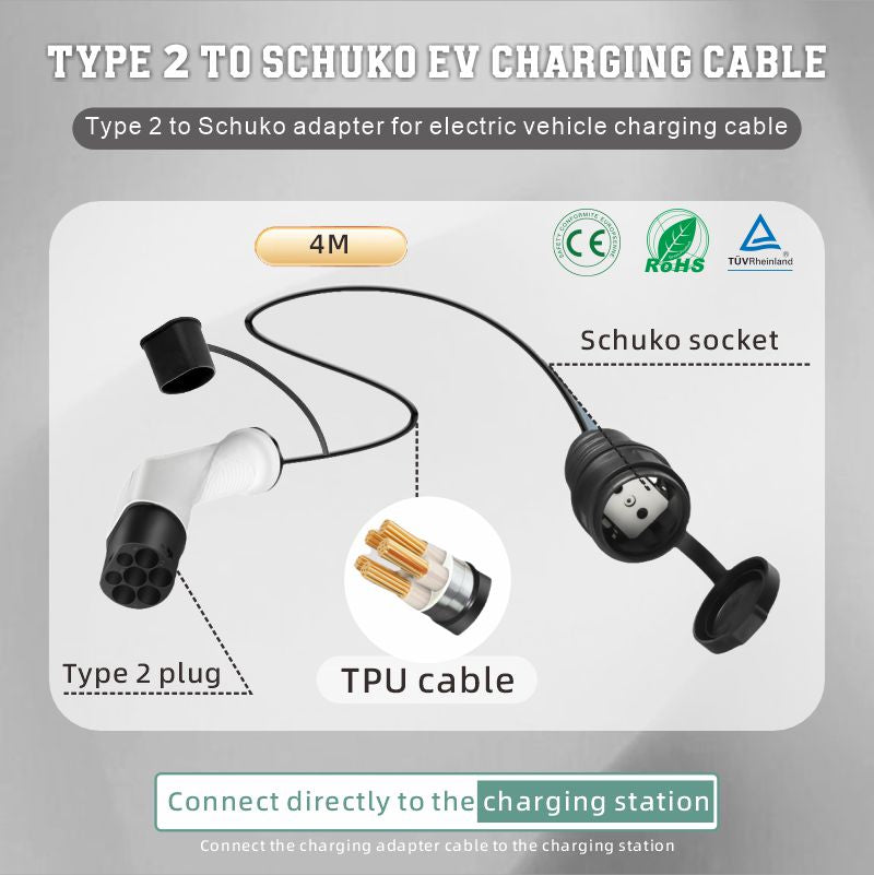 Adaptador tipo 2 para ficha carregador de isqueiro elétrico Schuko, 16 A, 0,5/4 m. Carregamento fácil em estações de carregamento/caixas de parede, utilização de carregadores de 230 V para e-bike, e-scooter, moto, IP55