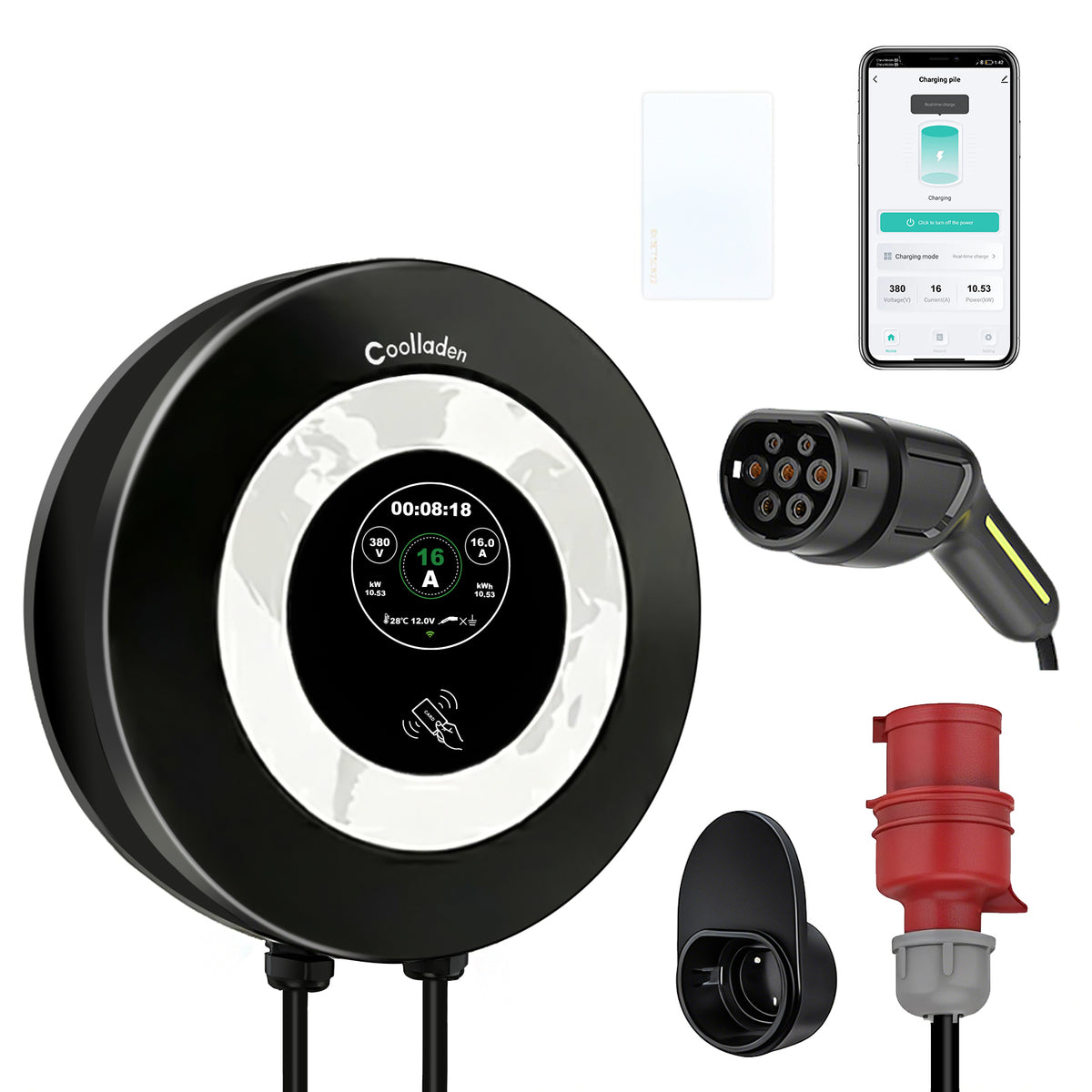 Coolladen Wallbox 11kW com App e RFID, Type 2 para CEE 16A 3-fases, Carregador EV, Proteção avançada contra fugas AC+DC (RCD Tipo B)