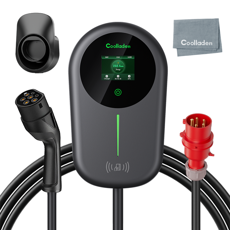 Coolladen EV Charger Smart APP com 32A Tipo 2 11kW Estação de carregamento doméstico, Wallbox 5/10m Cabo de carregamento com suporte para carregador Controle de aplicativo CEE Plugue trifásico para todos os EVs e PHEVs