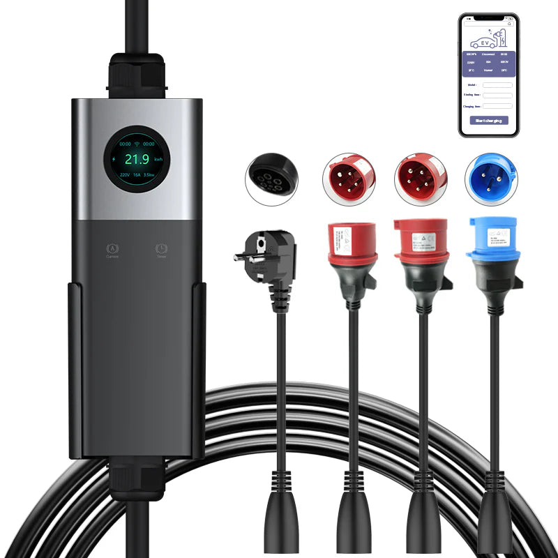 Coolladen Mobile Wallbox WiFi Com APP, Carregamento Até 11kW, Carregador de VE Tipo 2, Cabo de 5M, Ecrã Touchscreen, Tamanho de Corrente Ajustável Com Schuko 16A/CEE 16A Vermelho