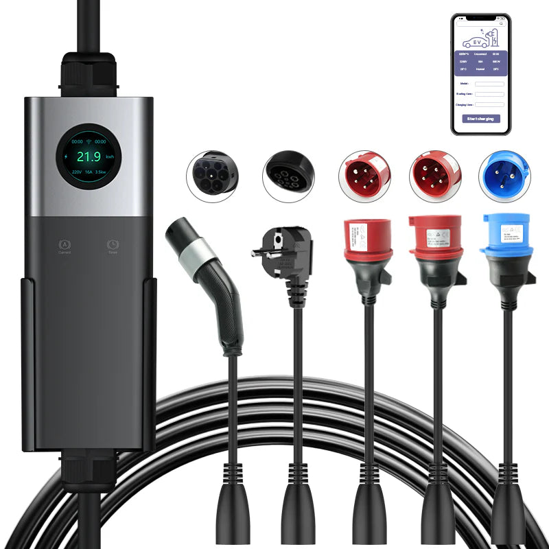 Coolladen Mobile Wallbox WiFi Com APP, Carregamento Até 11kW, Carregador de VE Tipo 2, Cabo de 5M, Ecrã Touchscreen, Tamanho de Corrente Ajustável Com Schuko 16A/CEE 16A Vermelho