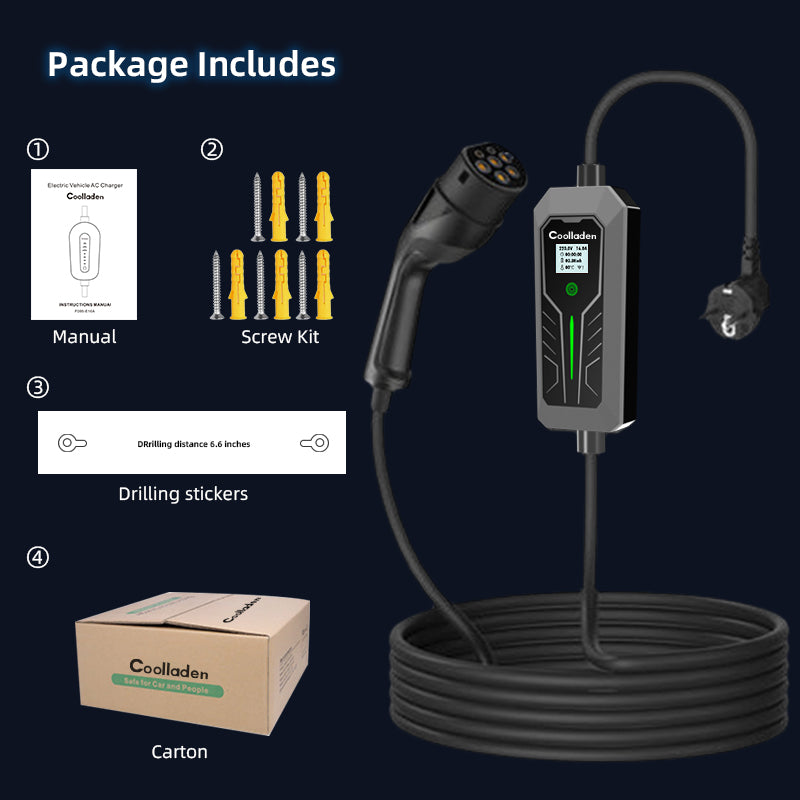 Coolladen Cabo de carregamento tipo 2 Schuko 3,5W [monofásico, 3/5/10m, 6-16A], Carregadores EV com visor digital controlável para automóvel elétrico, carregador com ecrã OLED para i3, e-Up, ID.3, ID. 4, Zoe, fortwo, Kona e outros EV