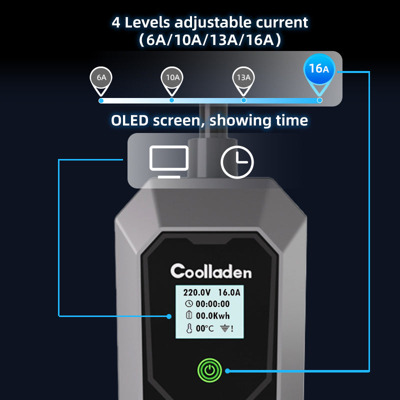 Coolladen Cabo de carregamento tipo 2 Schuko 3,5W [monofásico, 3/5/10m, 6-16A], Carregadores EV com visor digital controlável para automóvel elétrico, carregador com ecrã OLED para i3, e-Up, ID.3, ID. 4, Zoe, fortwo, Kona e outros EV