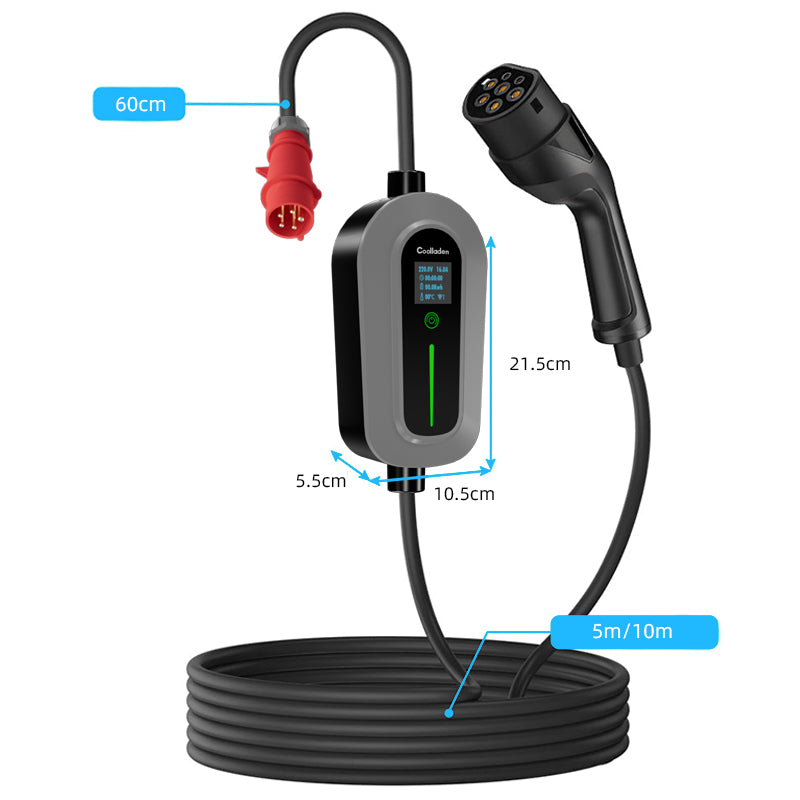 Coolladen Cabo de carregamento tipo 2 ficha CEE 11 kW [trifásico|5/10m|6-16A] com potência de carregamento ajustável, estação de carregamento e carregador EV para ID.3/4/5, e-up, e-tron, Zoe e outro VE